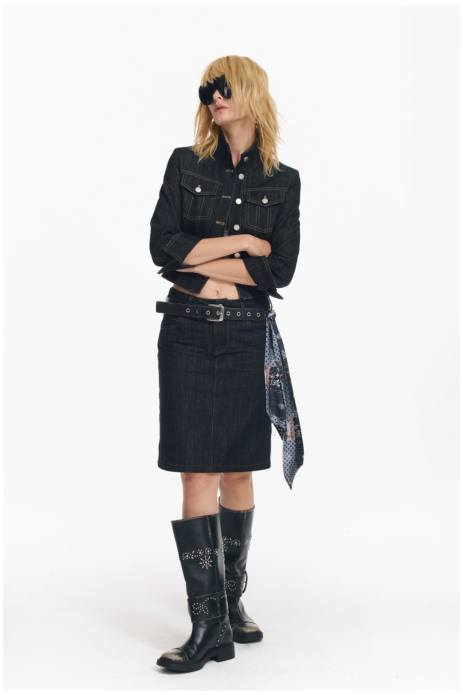 Cropped Stripe Stitch Denim Jacket & Skirt Set