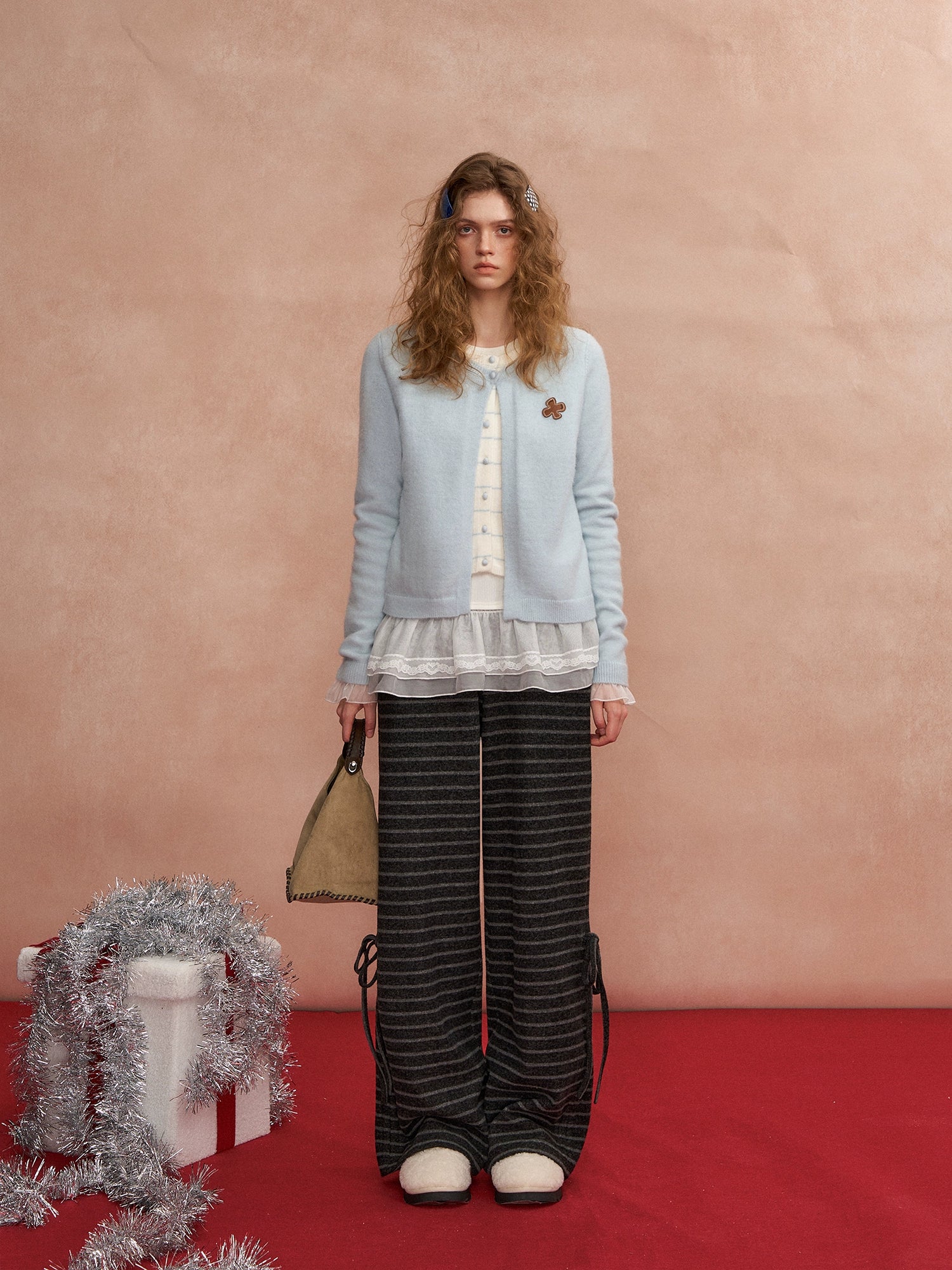 Bow-Tie Drawstring Striped Tweed Pants