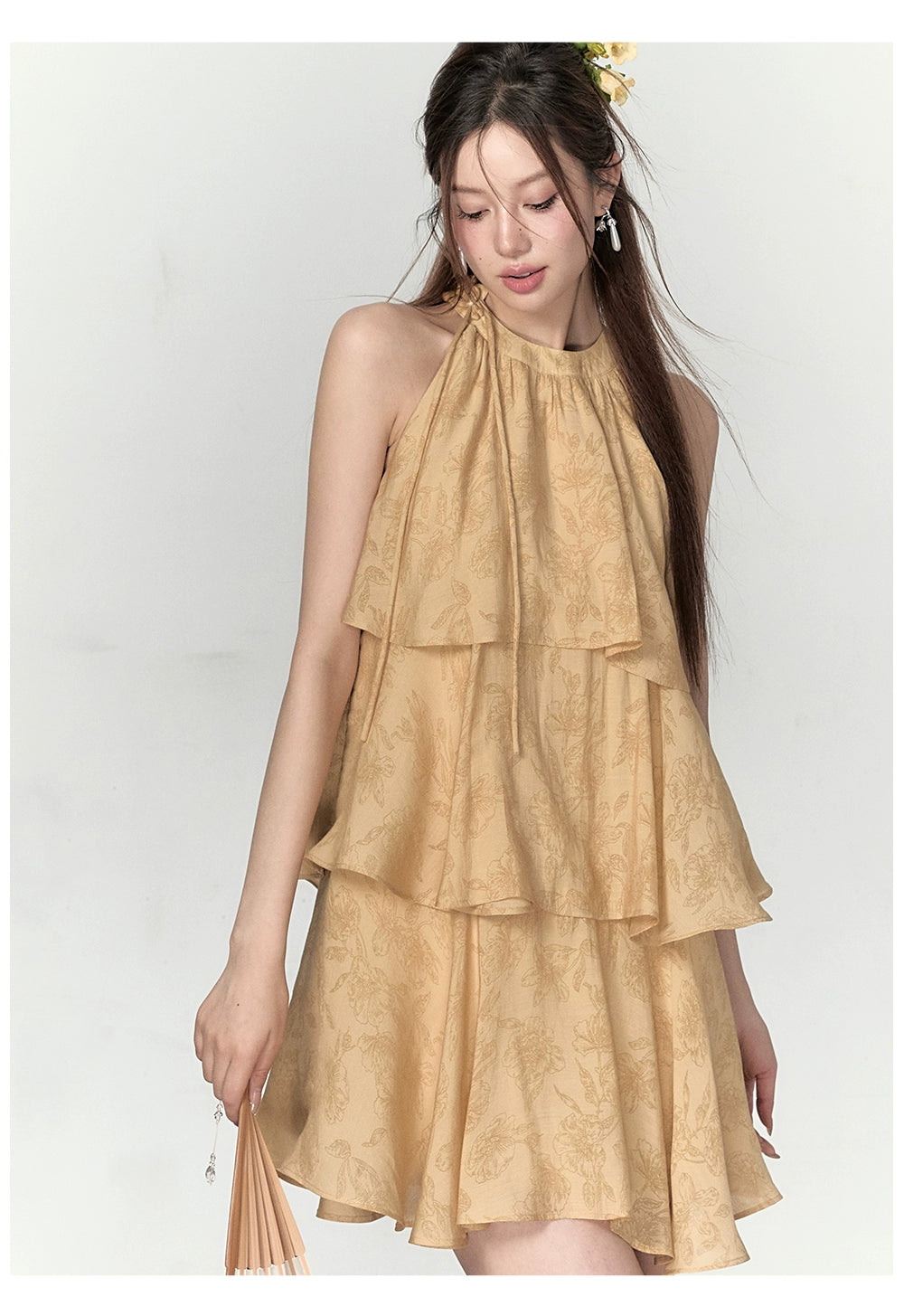 Mustard Yellow Halter Floral Dress - CHINASQUAD
