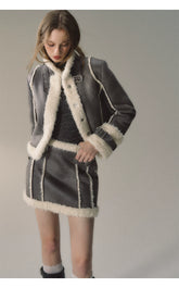 Grey Short Plush Shearling Jacket & Skirt Set - CHINASQUAD