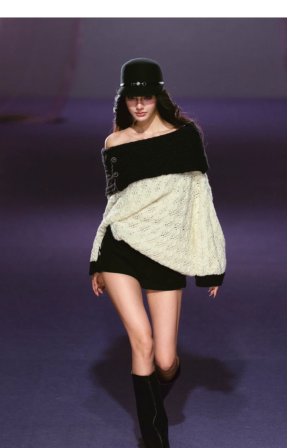 Batwing Sleeve Off-Shoulder Tweed Knit Crewneck