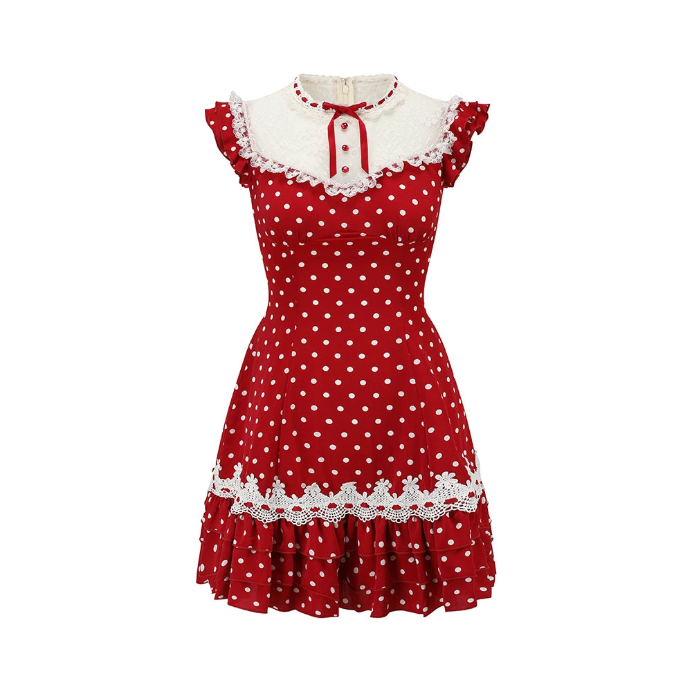 Red Sweet Collegiate Polka Dot Lace Dress