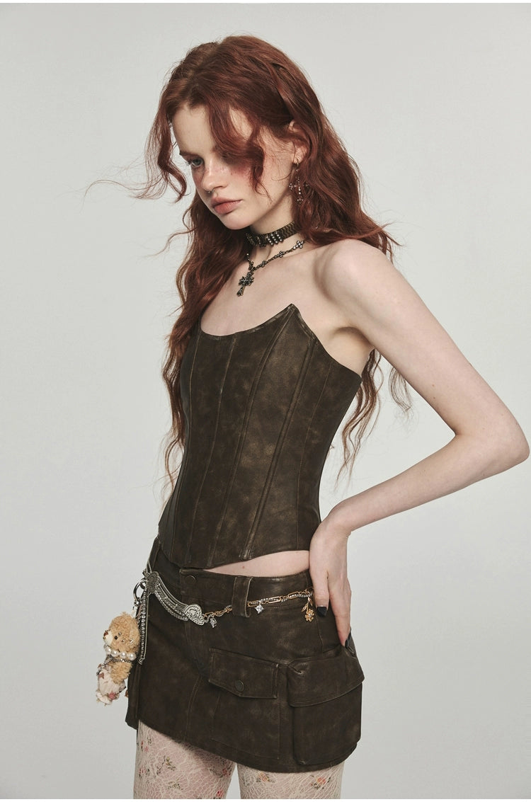 Distressed Washed Leather Bodycon Mini Skirt - CHINASQUAD