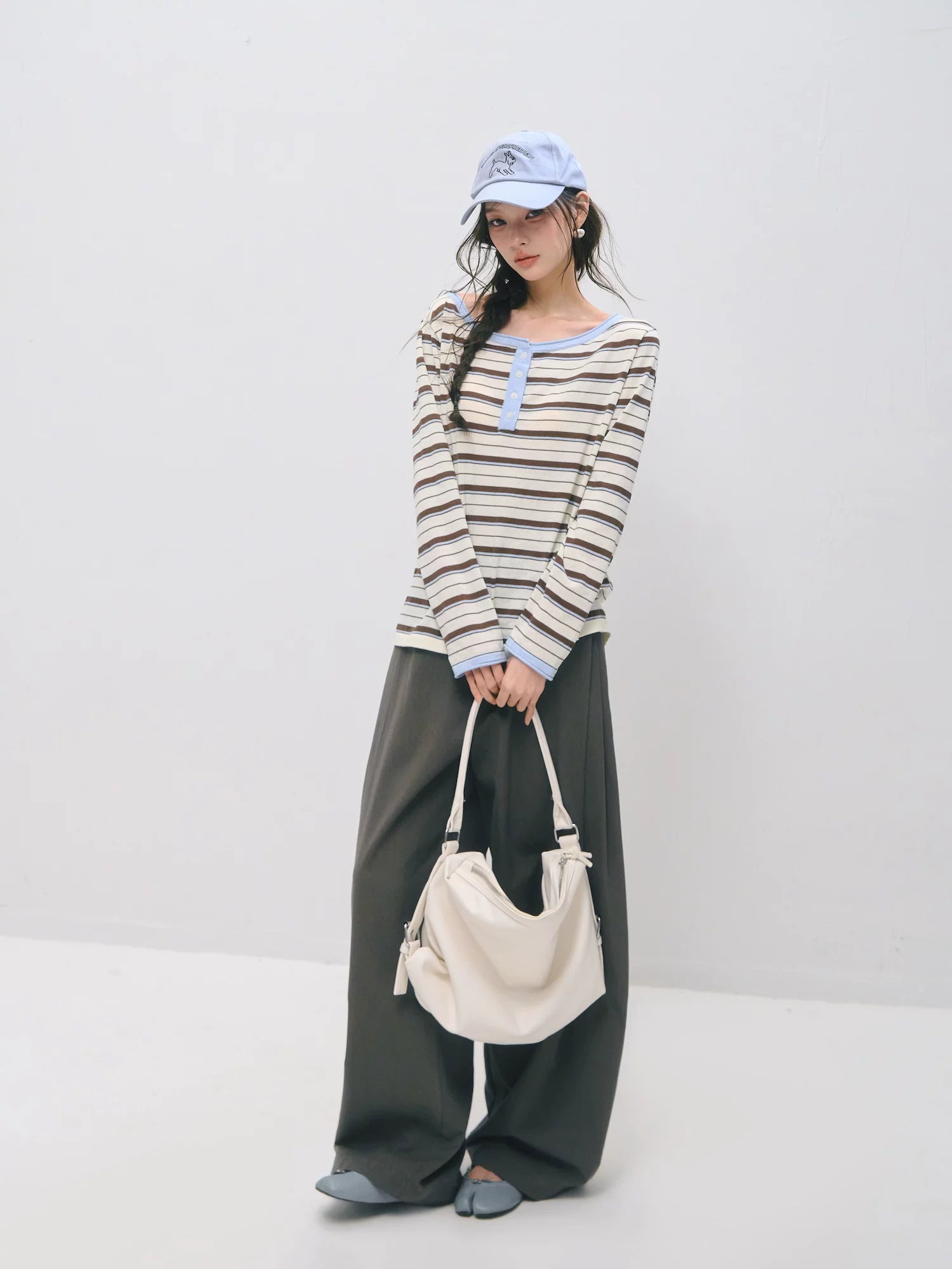 Relaxed Striped Henley Long Sleeve Top