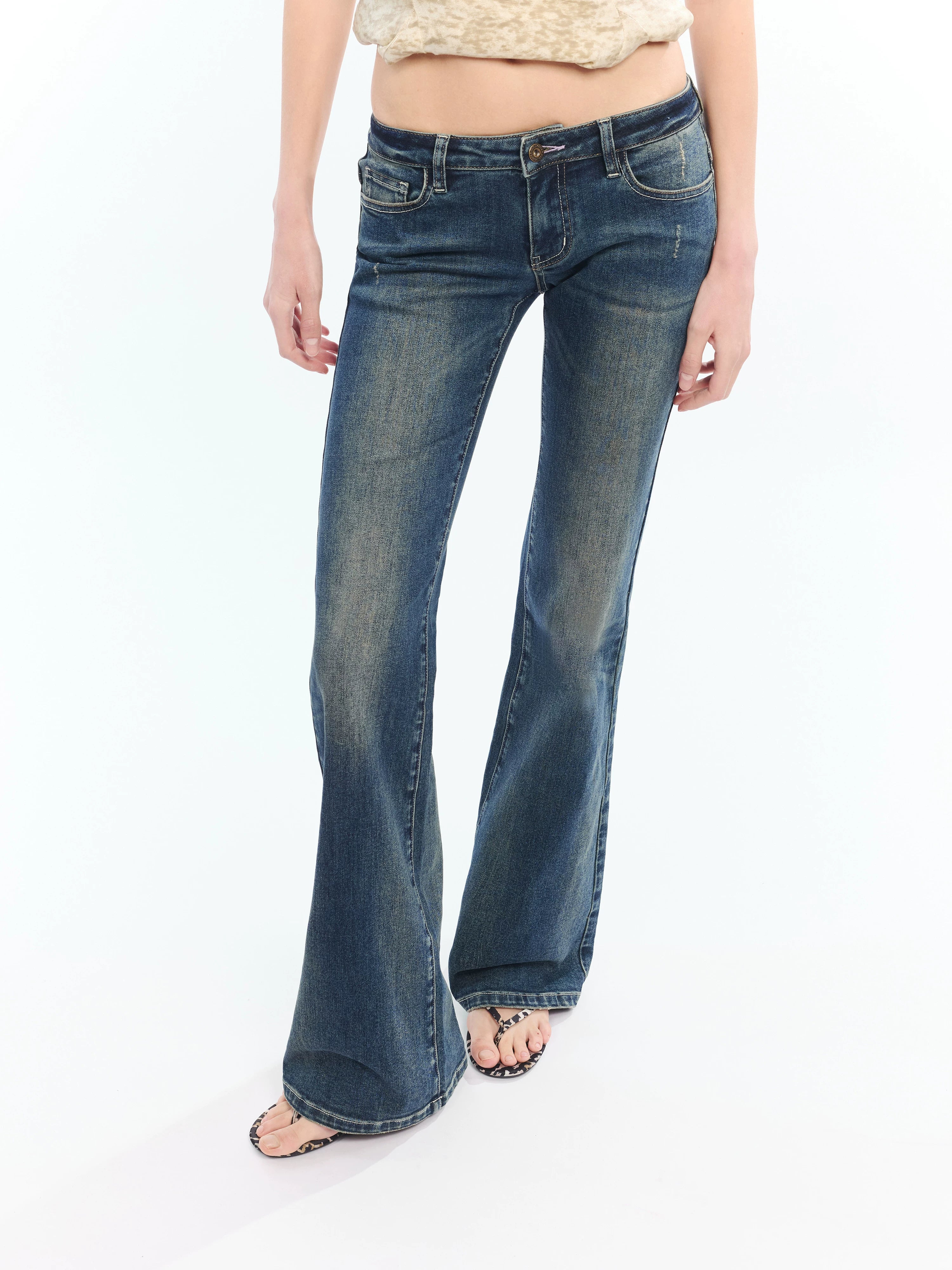 Vintage Washed Blue Pegasus Embroidered Flared Jeans