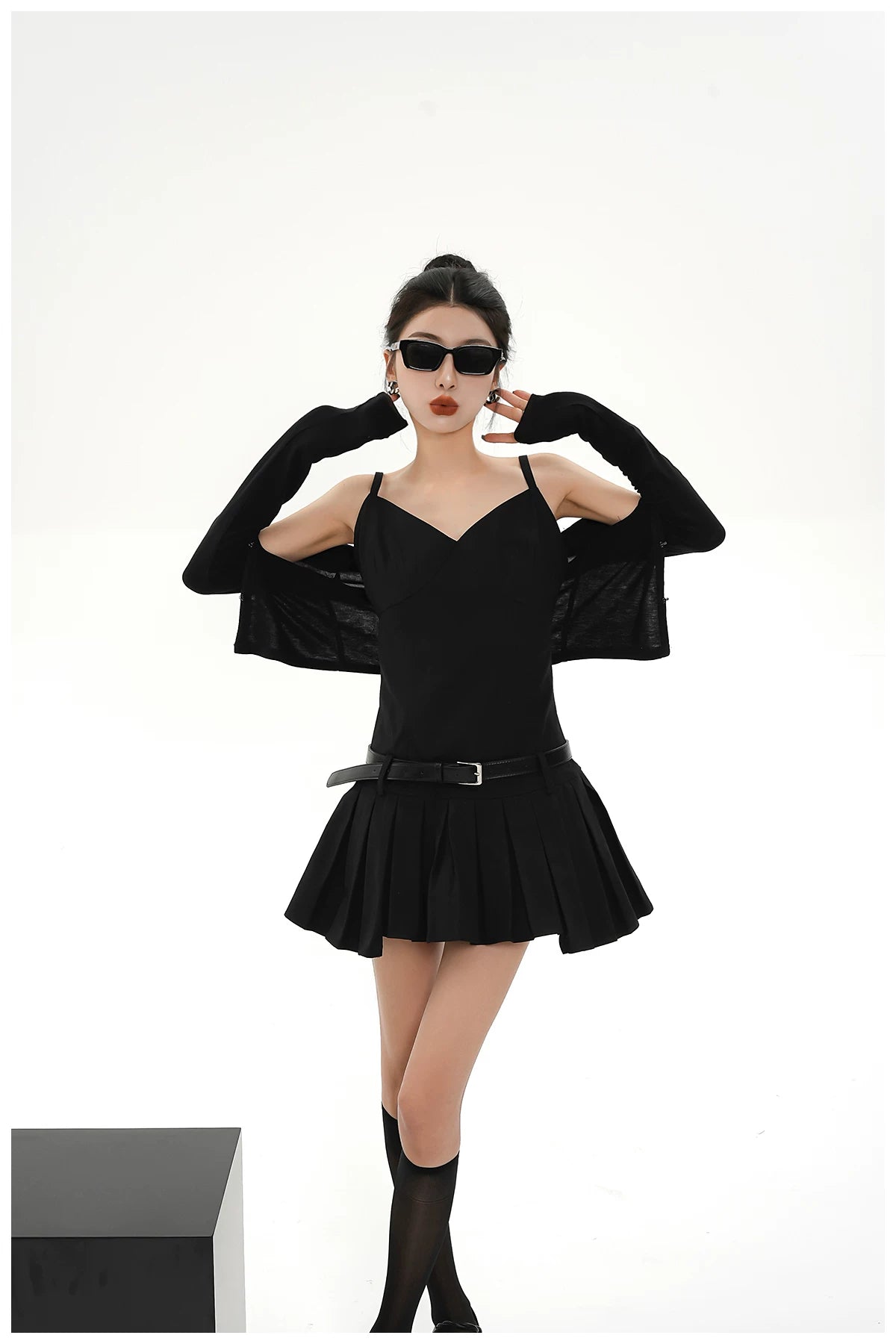 Asymmetric Zip-Back Pleated Camisole Dress