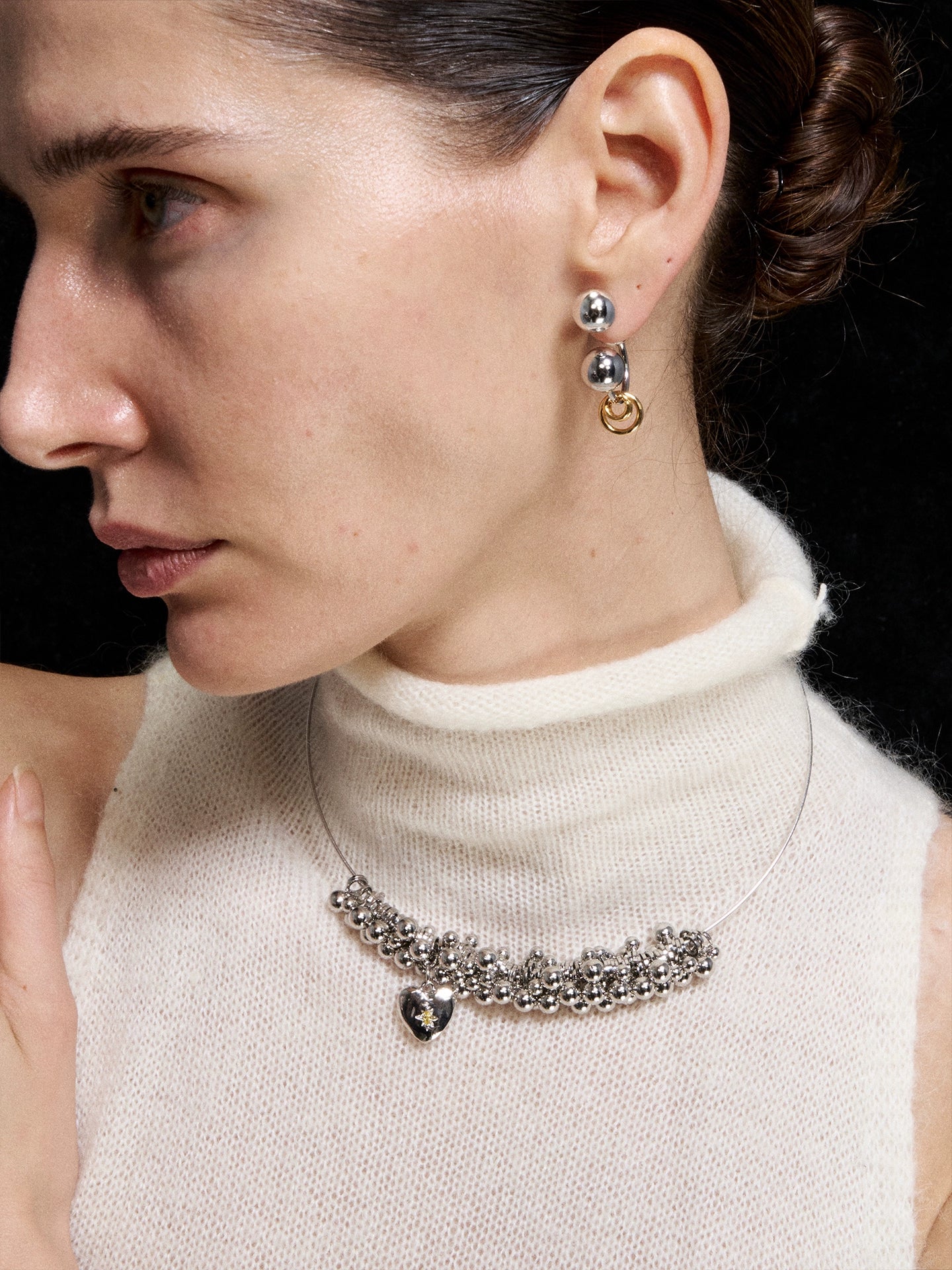 Silver-Tone Heart Charm Beaded Choker