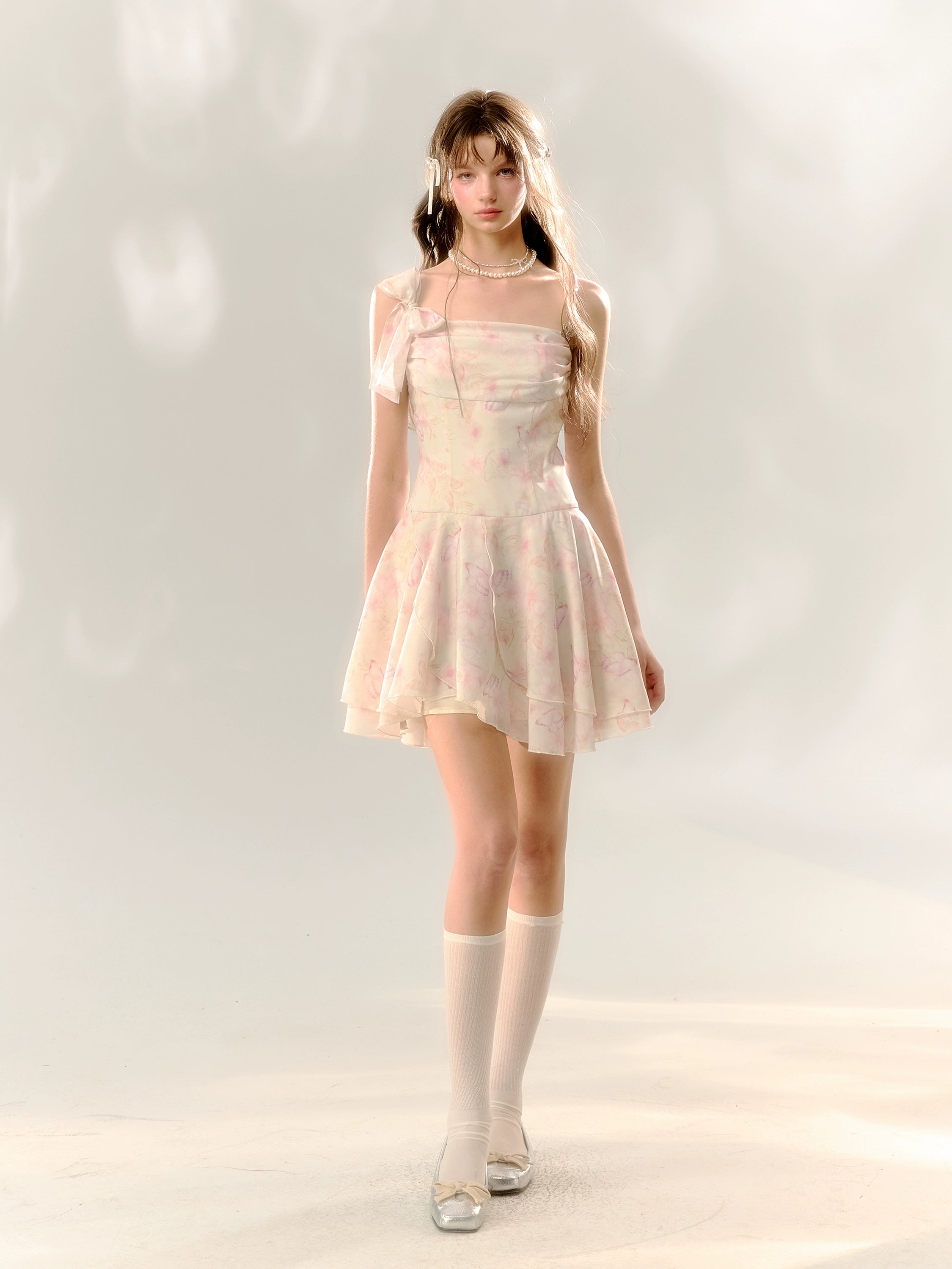 White Butterfly Print Cinched Waist Dress - CHINASQUAD