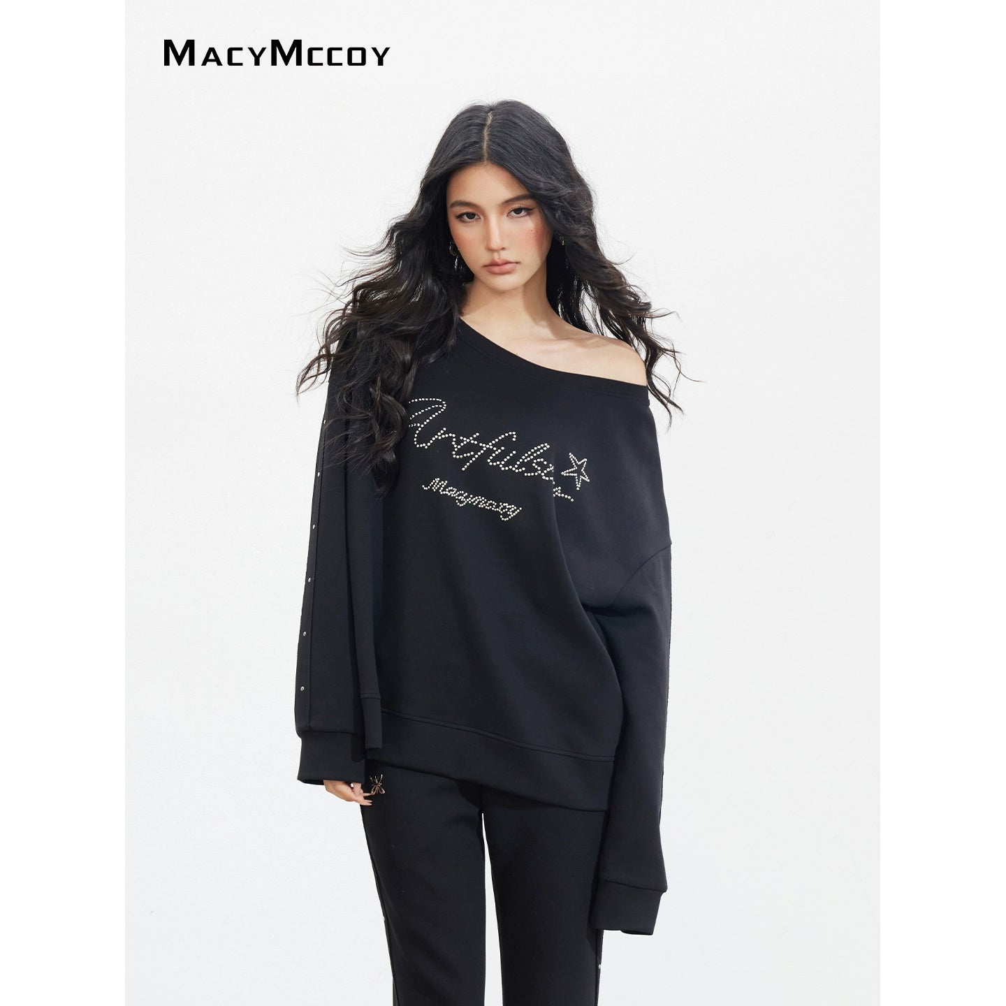 Studded Letter Off-Shoulder Sweatshirt - CHINASQUAD