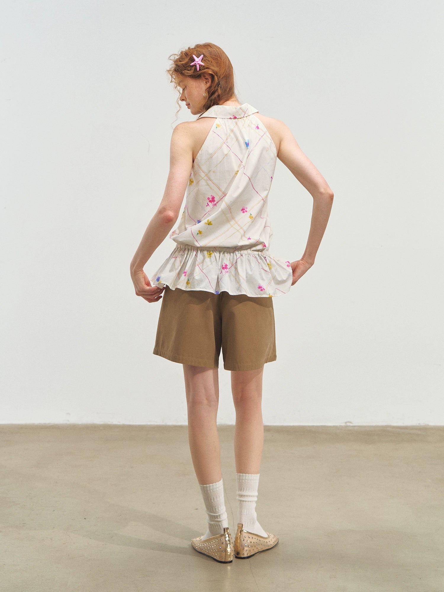 French-Style Printed Sleeveless Halter Tie-Up Top - CHINASQUAD