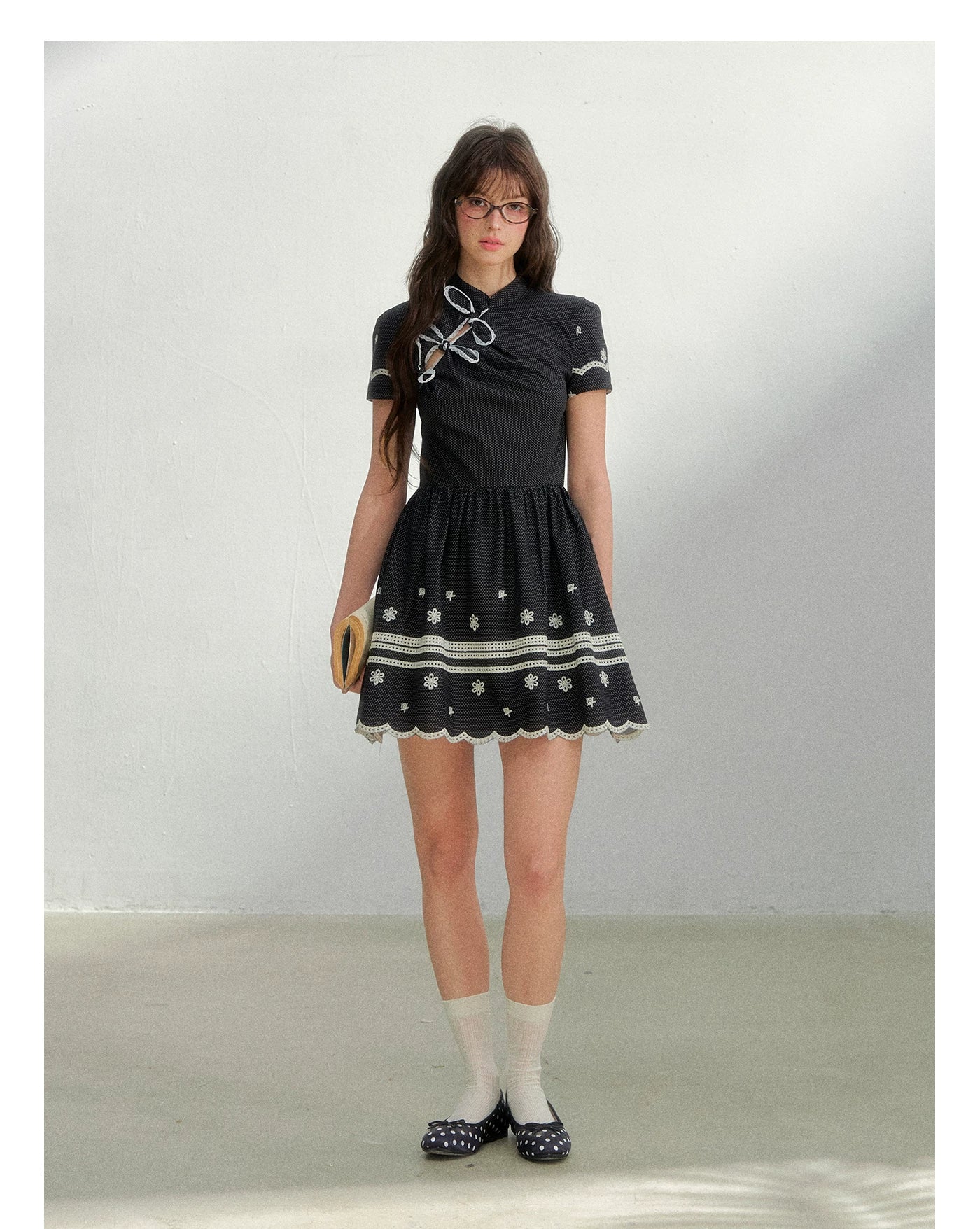 Polka Dot Embroidered Bow Cheongsam Dress