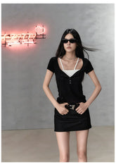 Black & Grey Henley Collar Embroidered T-Shirt - CHINASQUAD