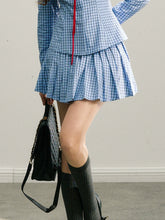 Navy Blue Rose Plaid Pleated Skirt - CHINASQUAD