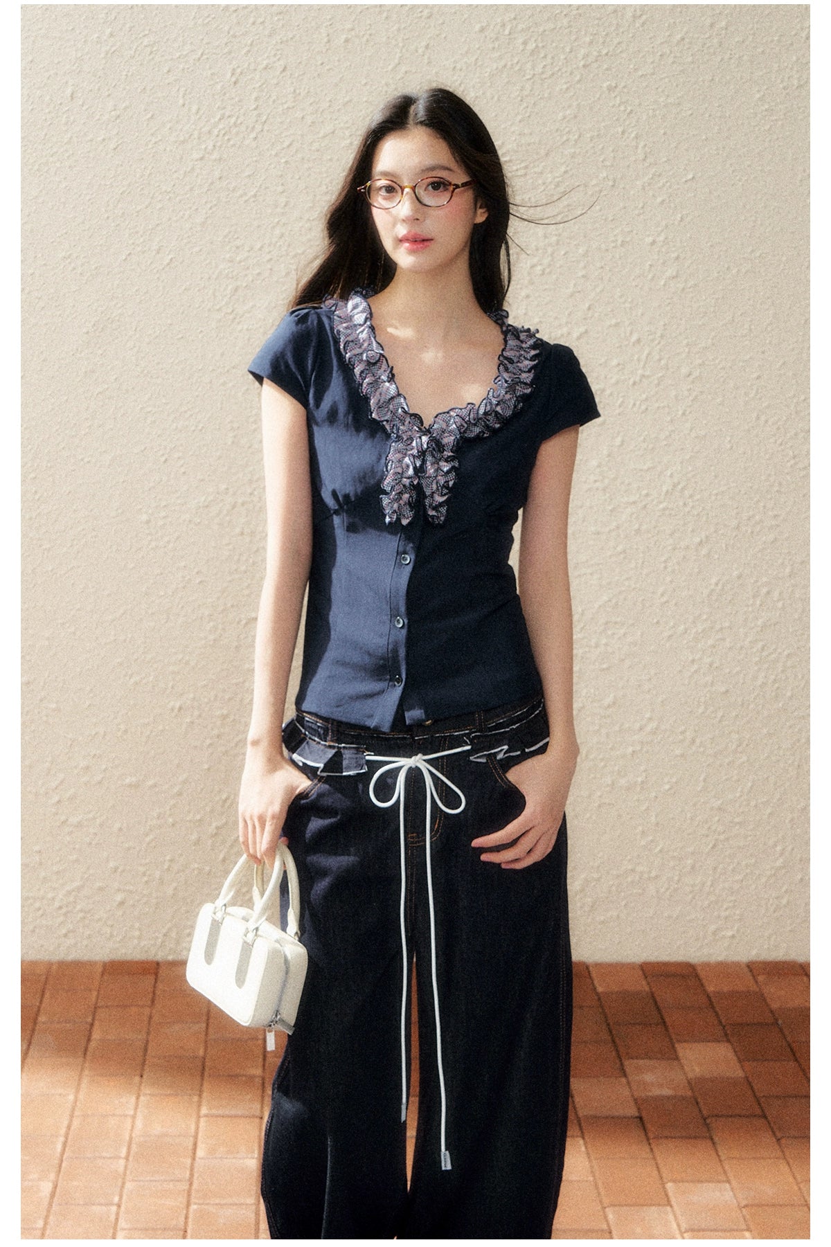 Navy Lace-Trim Knit Blouse - CHINASQUAD