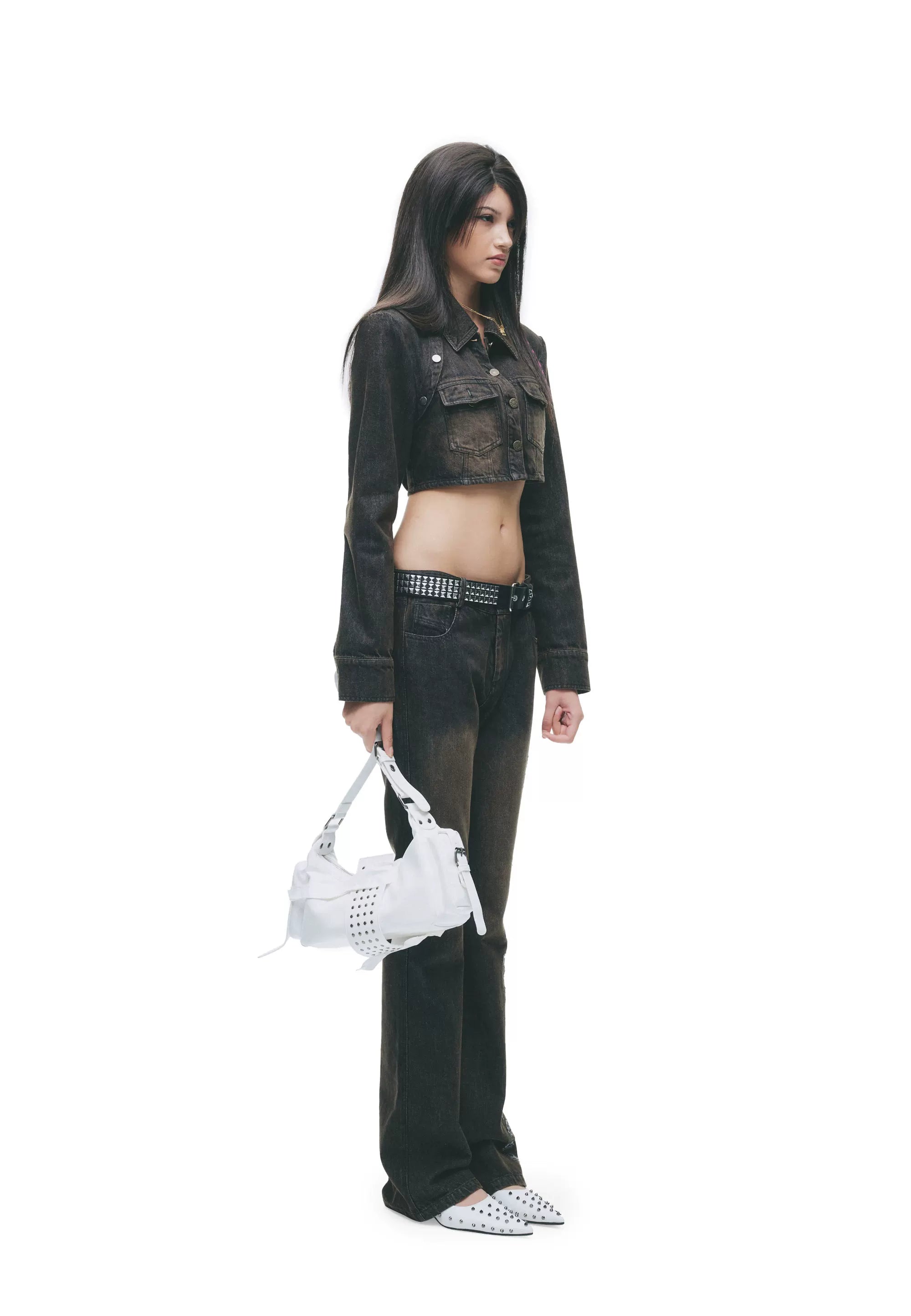 Y2K Washed Denim Cropped Set with Embroidered Patch Detail