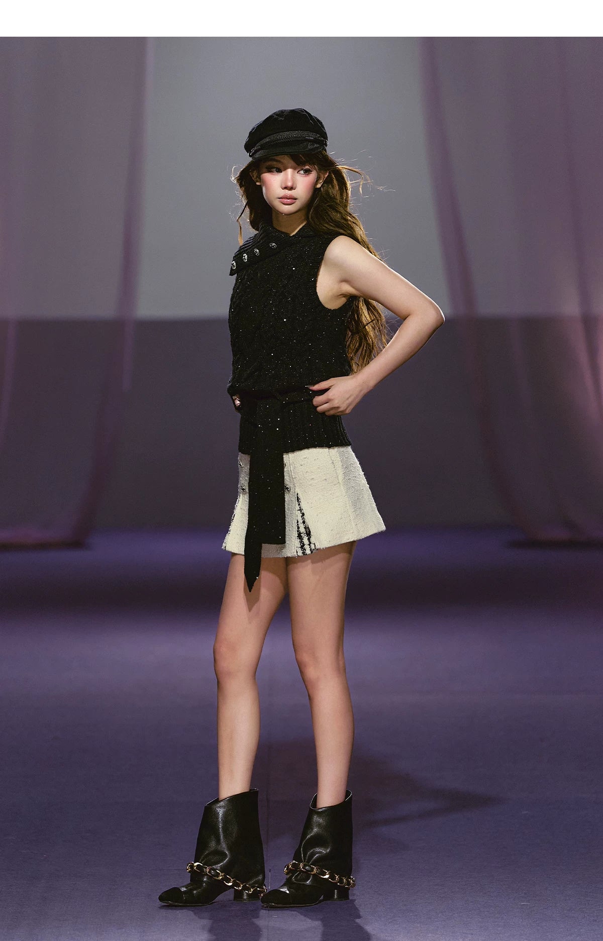 Tailored Double-Breasted Sequin Patchwork Pleated Mini Skirt