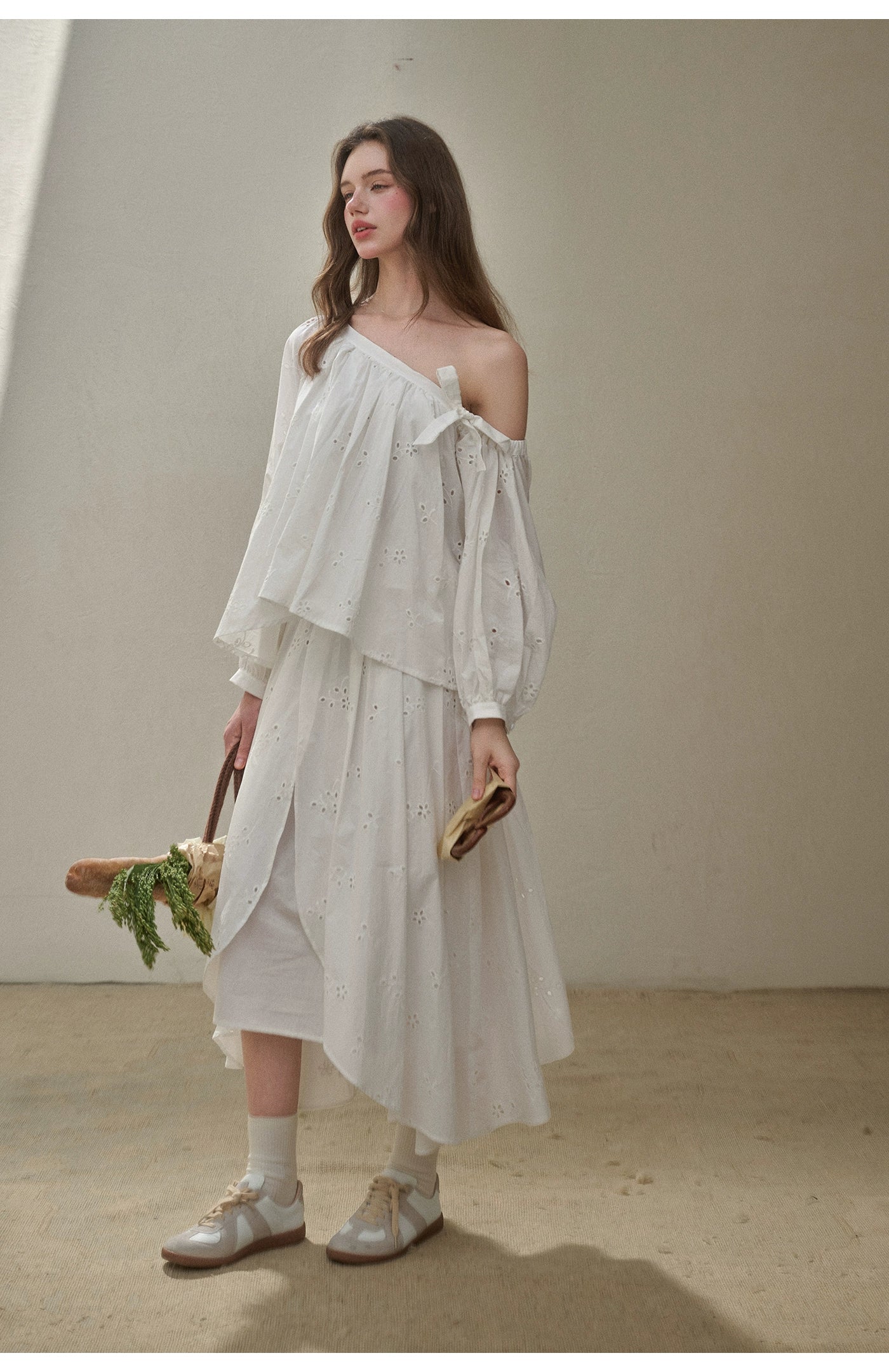 “Good Weather” Embroidered Cotton Blouse & Skirt Set
