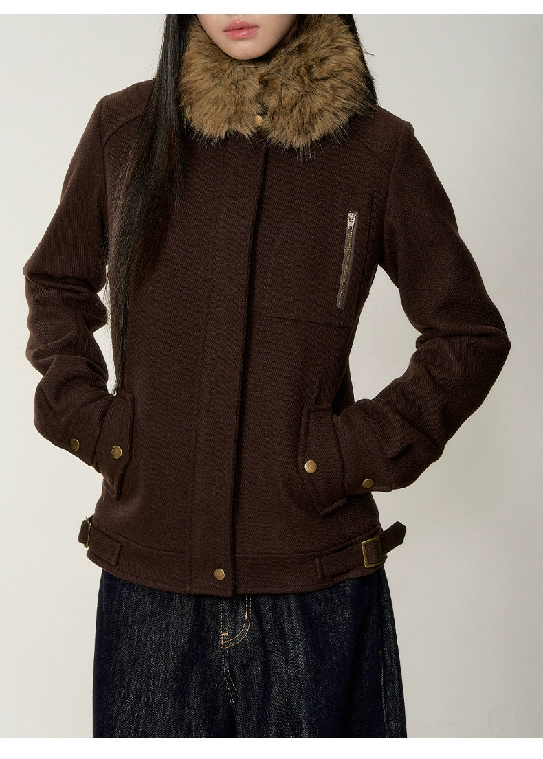 Brown Faux Fur Collar Slim Wool Jacket - CHINASQUAD