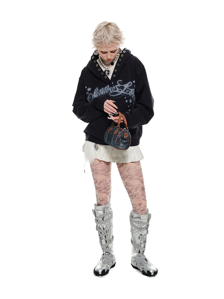 Loose Hooded Eyelet Print Sweatshirt - CHINASQUAD