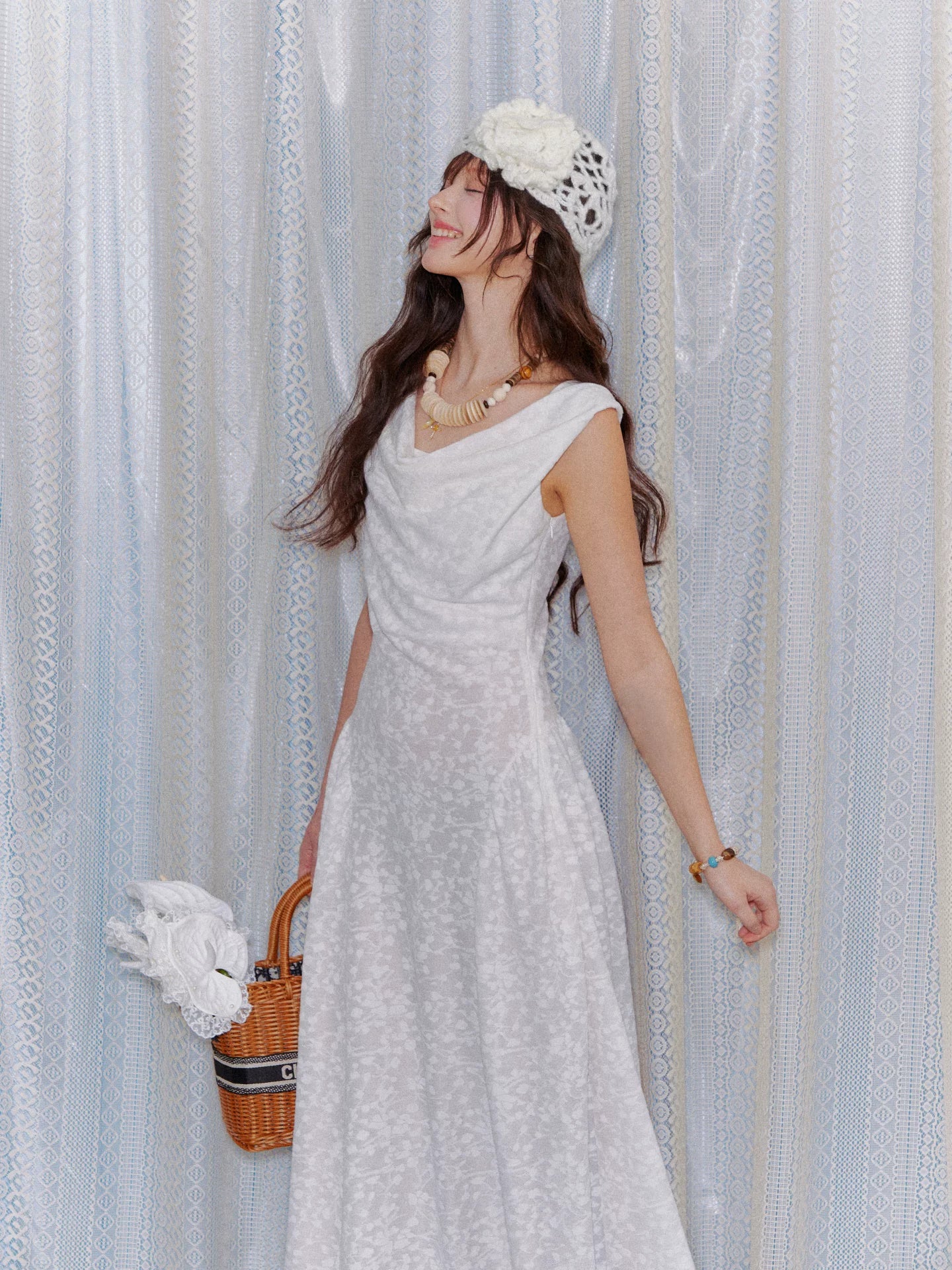 Lace Jacquard Waist-Cinched Maxi Dress