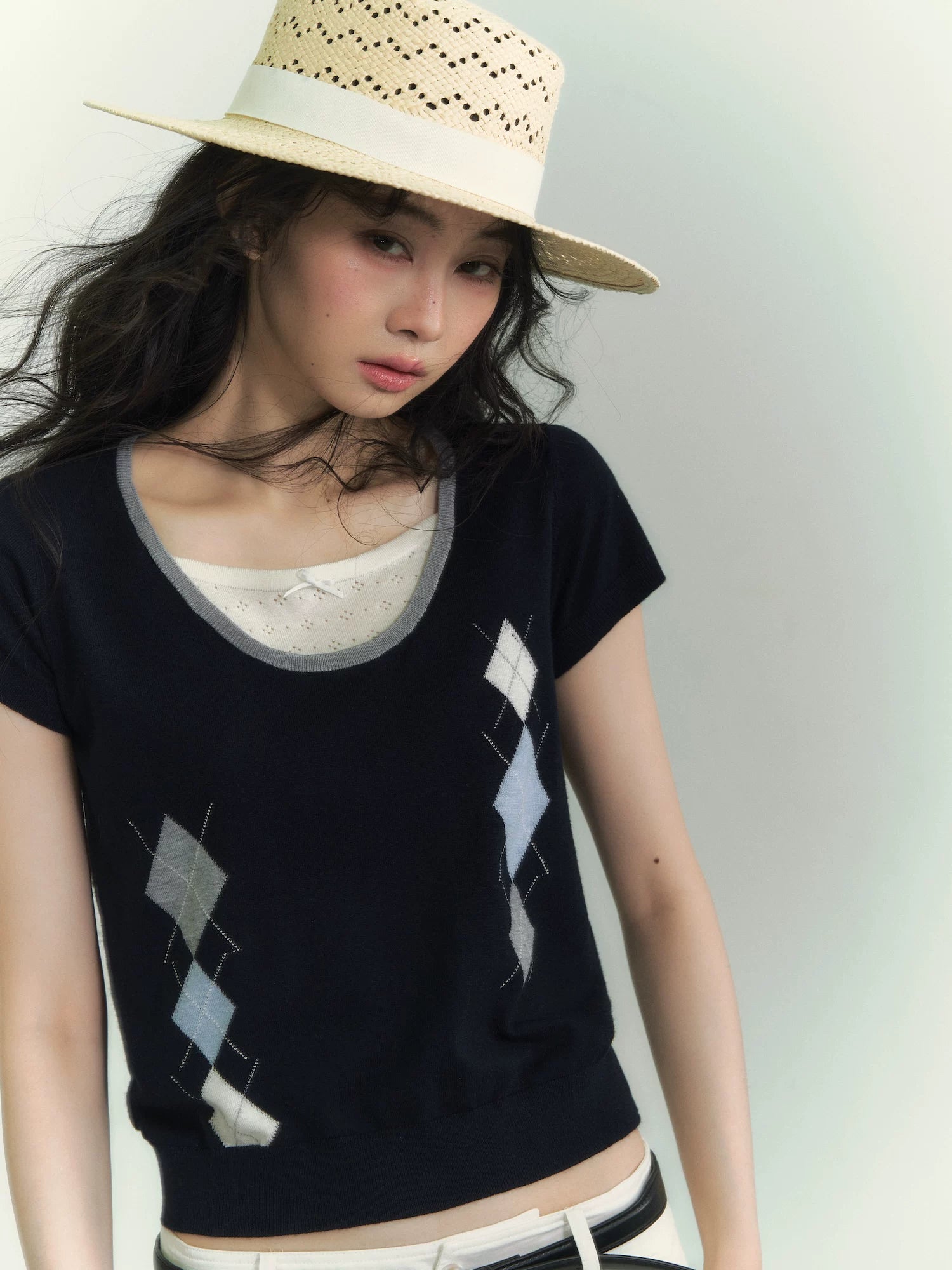 Argyle Color-Block Layered Short Sleeve Top