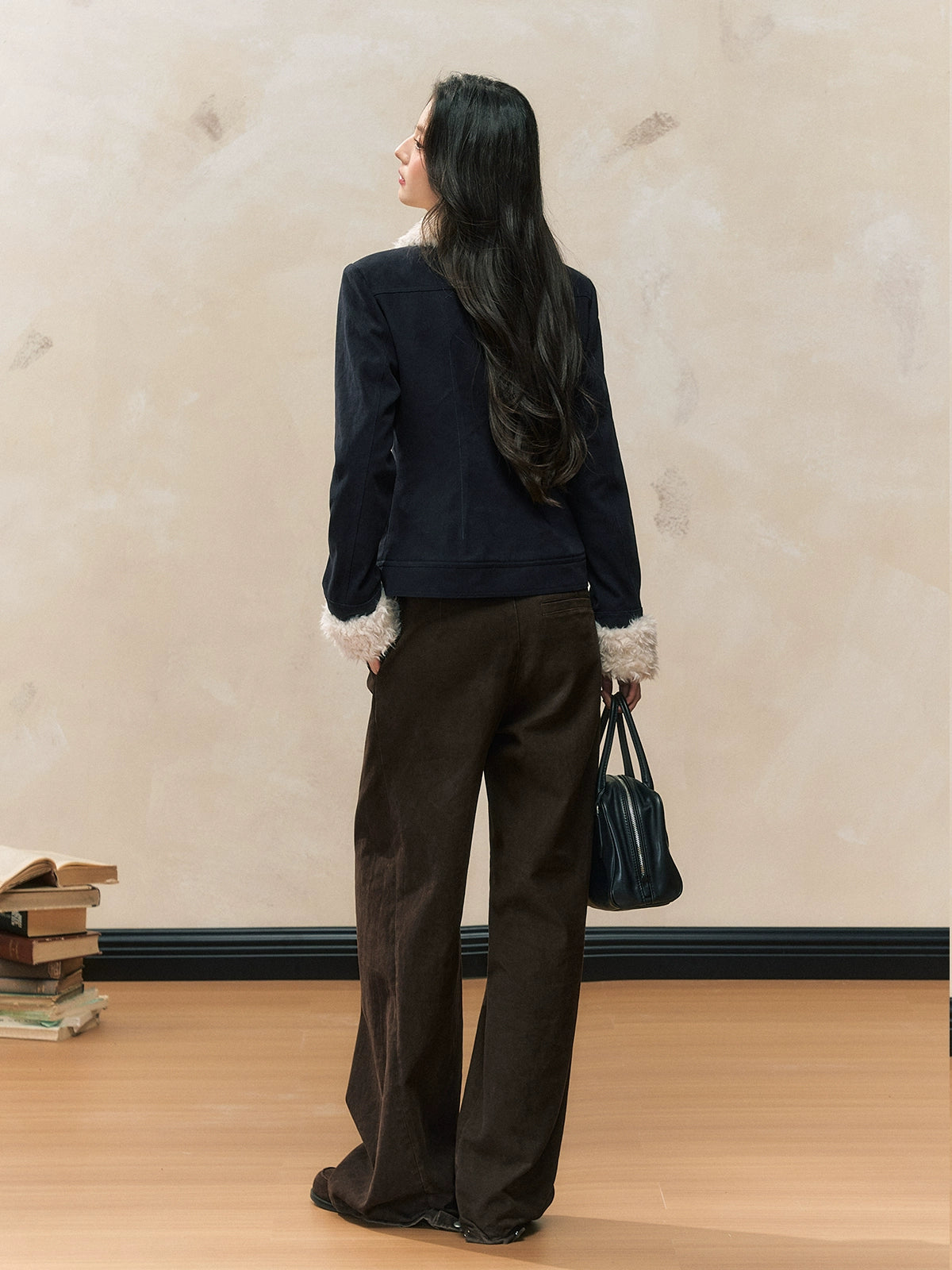 Navy Blue Fur-Collar Short Jacket - CHINASQUAD