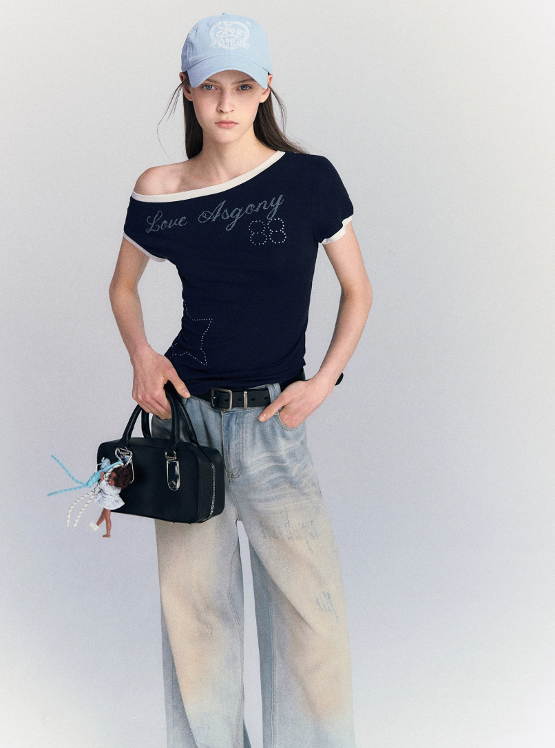 Lyocell Rhinestone Off Shoulder Tee