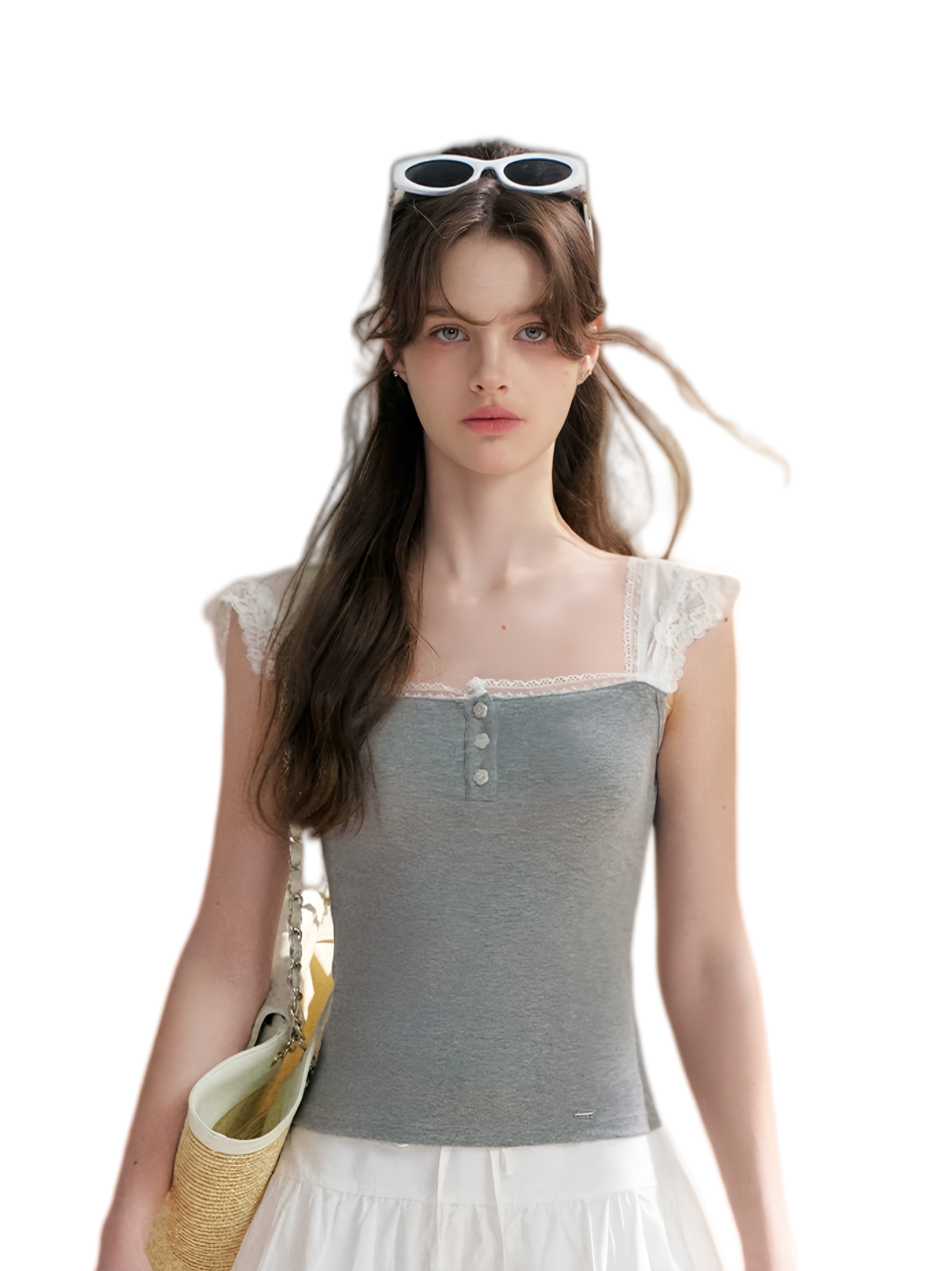 Lace Edge Wide Strap Knit T-Shirt
