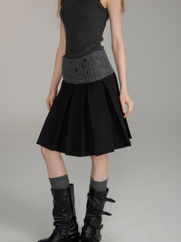 Patchwork Button Wool Pleated Skirt - CHINASQUAD