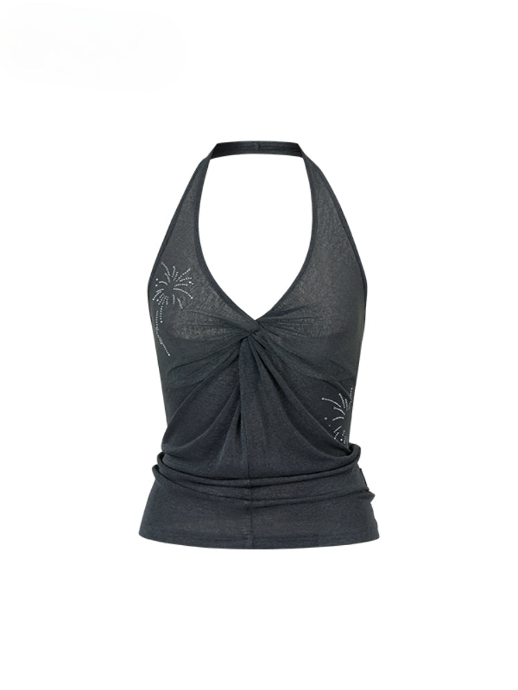 Rhinestone Halter Acetate Vest - CHINASQUAD