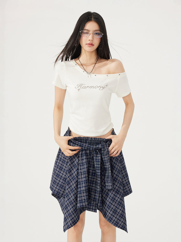 High-Elasticity Star-Studded Diagonal Shoulder T-Shirt - CHINASQUAD