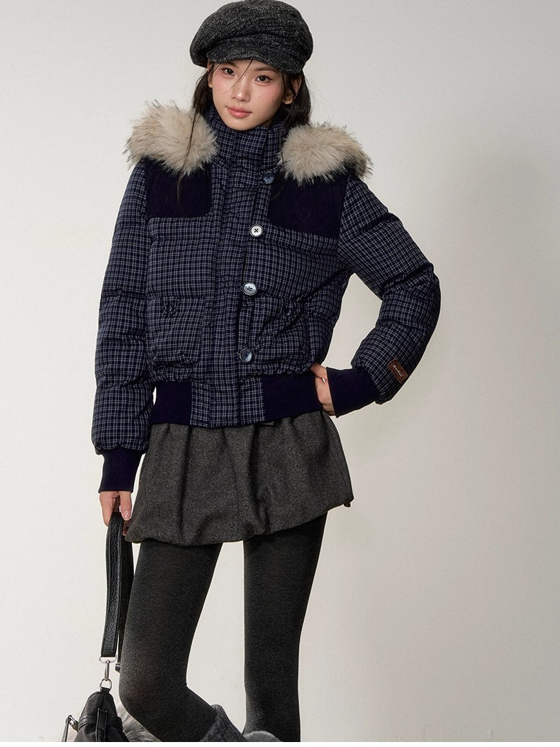 Fuzzy Plaid Down Faux Fur Collar Jacket - CHINASQUAD