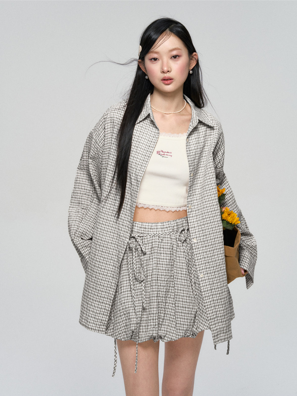 Khaki & Black Retro Check Shirt & Skirt Set - CHINASQUAD