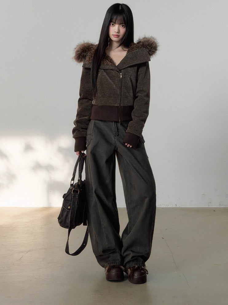 Vintage-Wash Curved Wide-Leg Pants