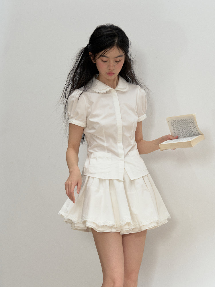 Cotton Lace Embroidered Collar Shirt & Skirt Set - CHINASQUAD