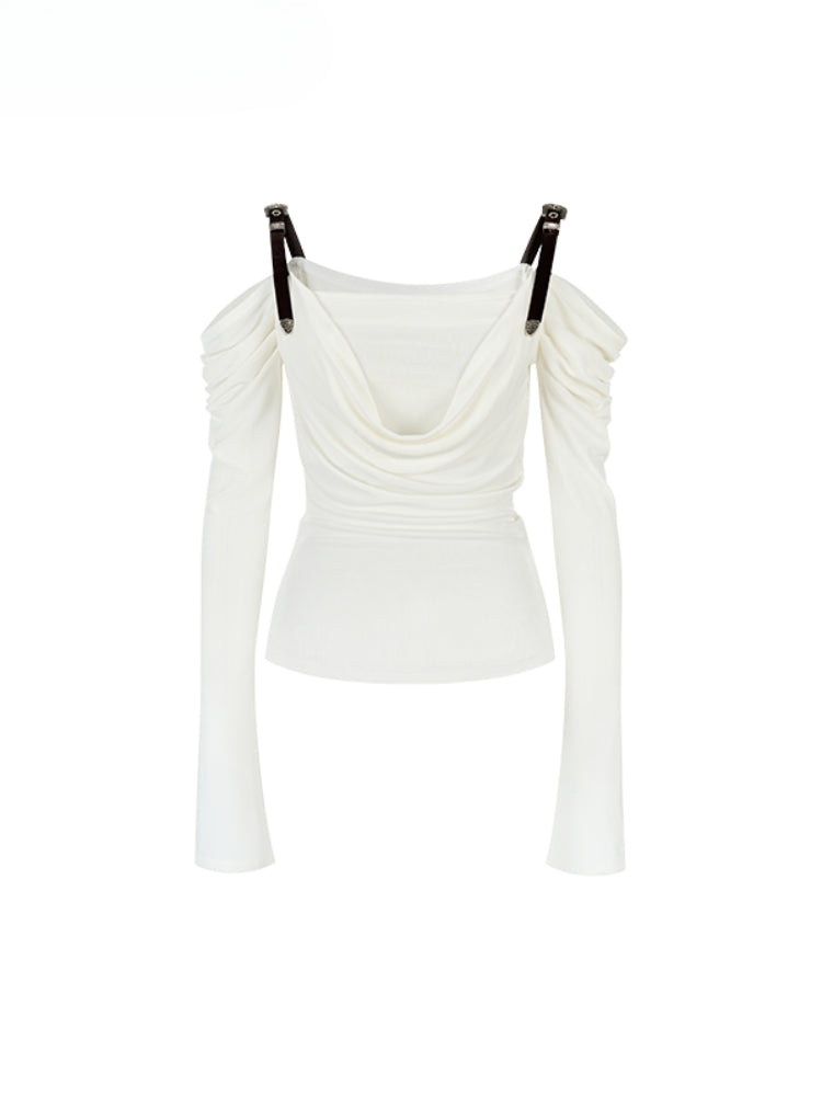 Draped Neck Leather Strap Acetate One-shoulder T-shirt - CHINASQUAD