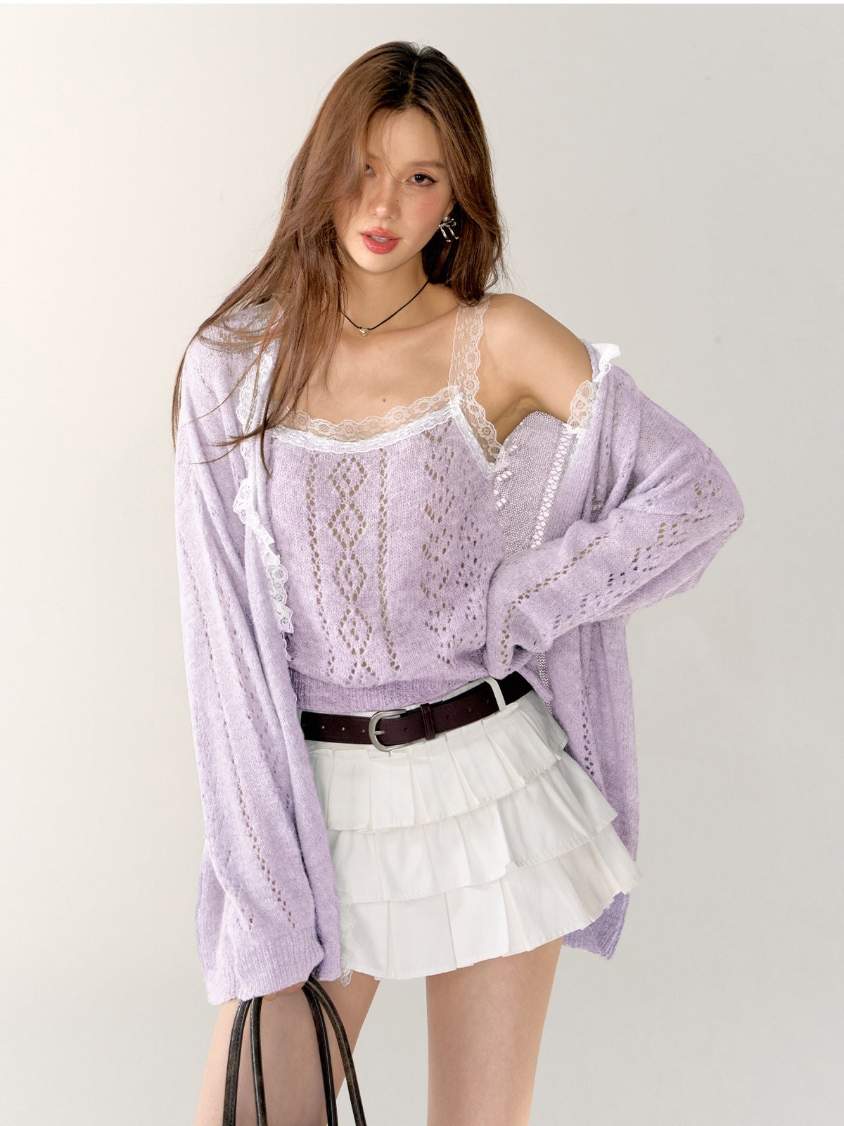 Gray & Purple Lace Trim Tank Top