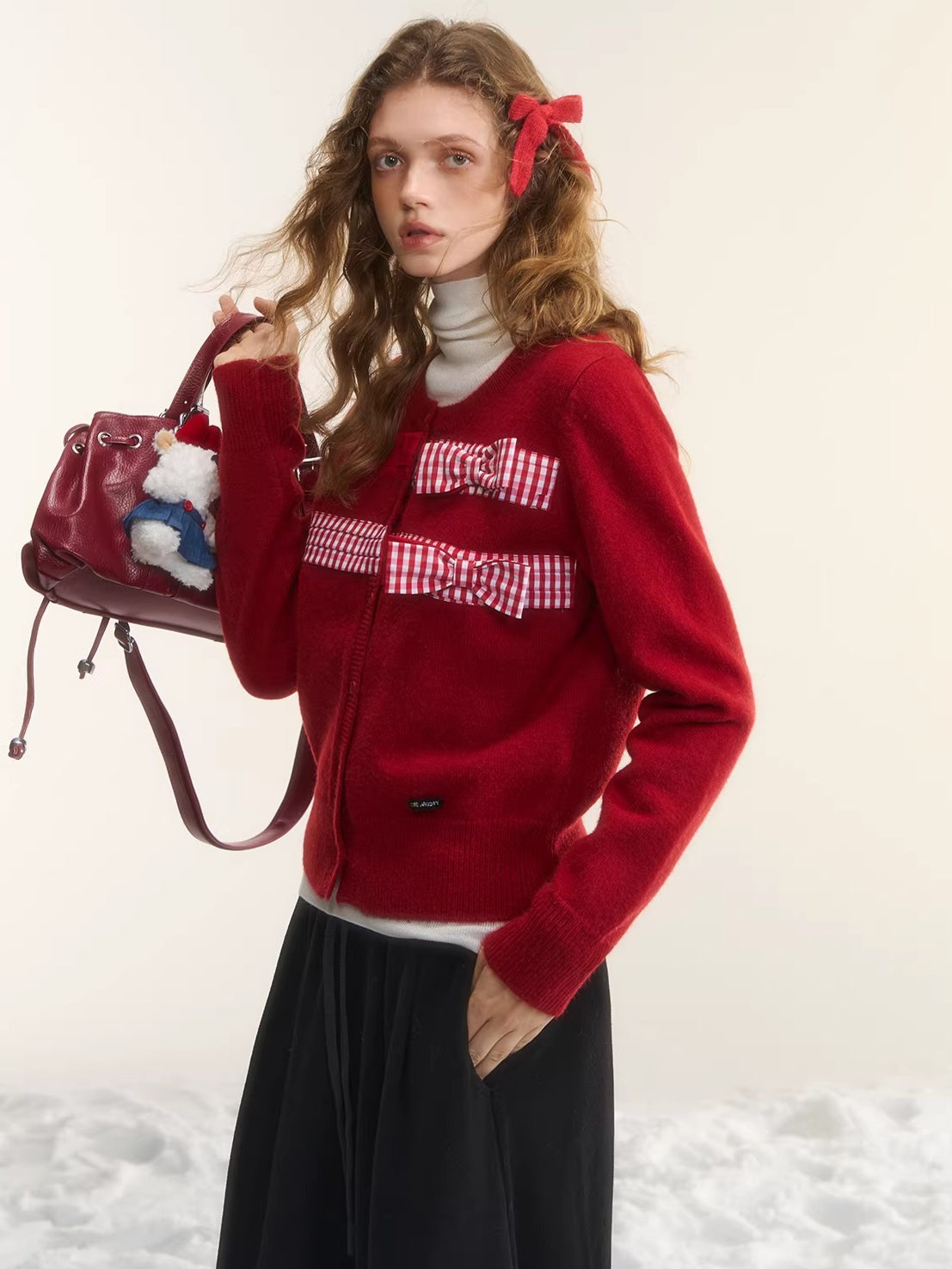 Vintage Checkered Patchwork Bow Knit Cardigan