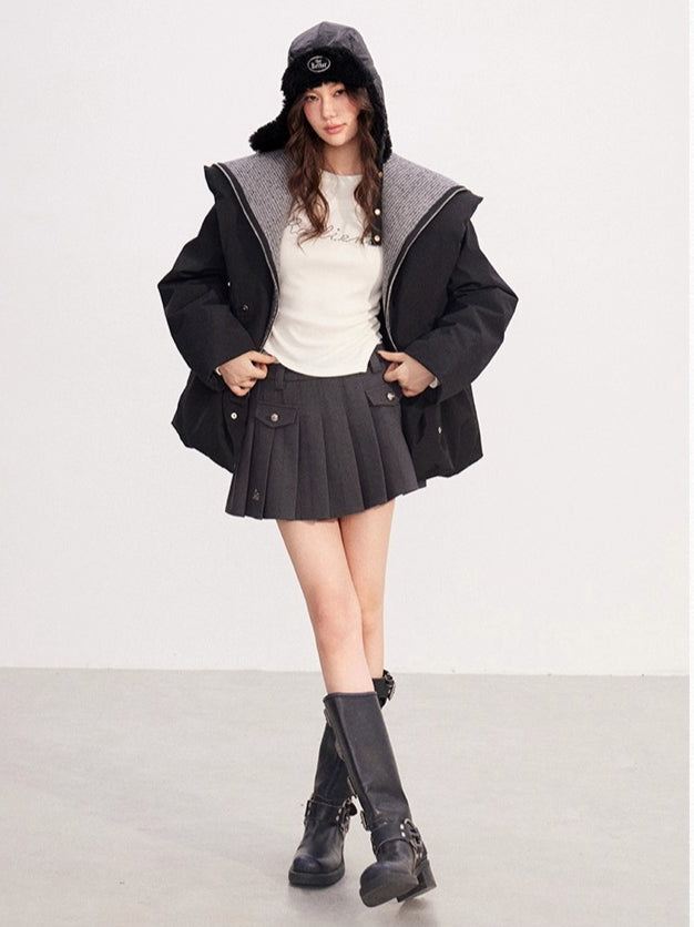 Belted Contrast-Knit Collar Down Coat