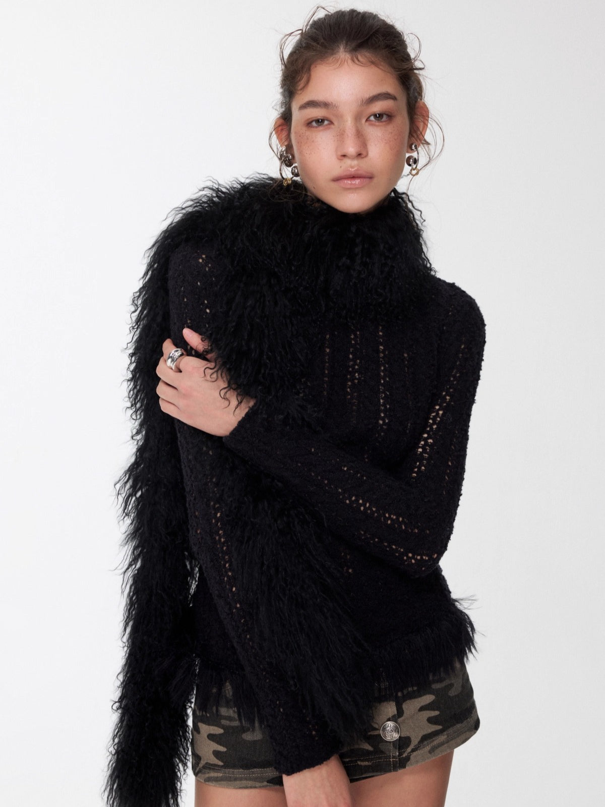 Cable-Knit Faux-Fur Trim Fitted Sweater - CHINASQUAD