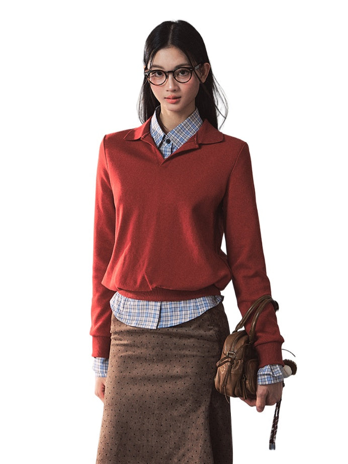 Red Polo Waist-Cinching Crewneck Sweater Set - CHINASQUAD