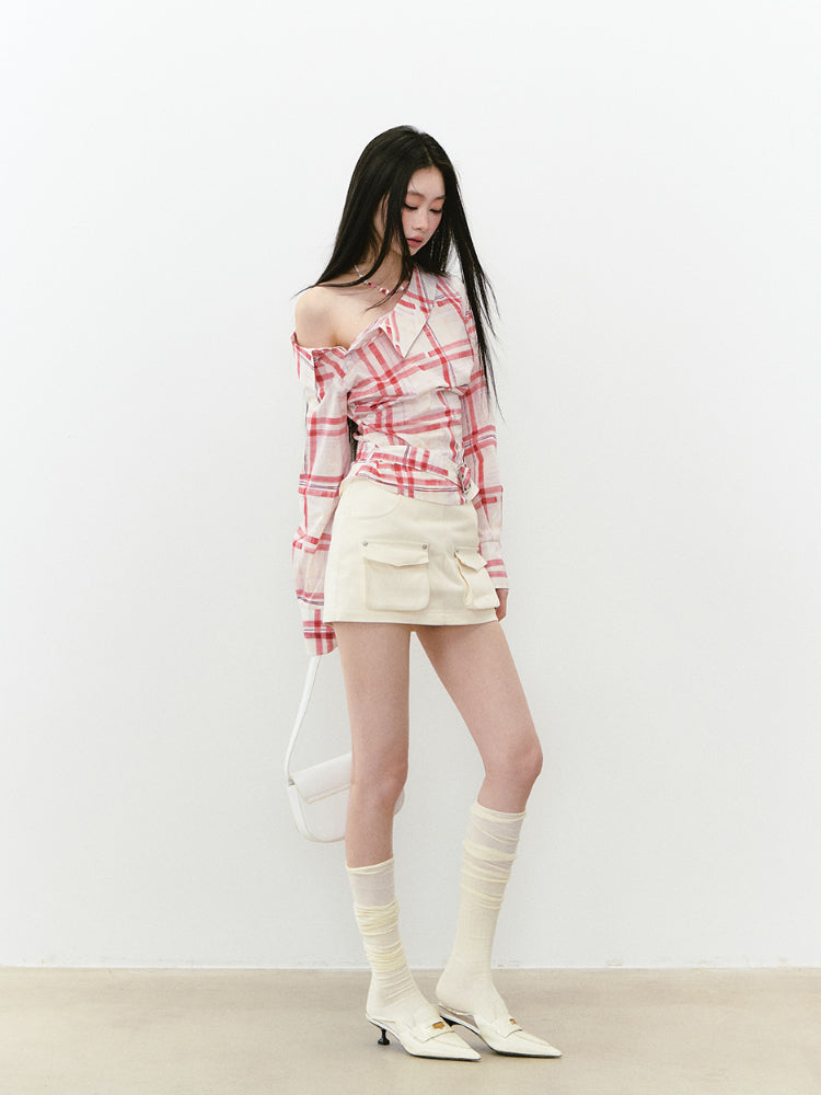 Off-Shoulder Pleated Waist Belt Short Shirt - CHINASQUAD