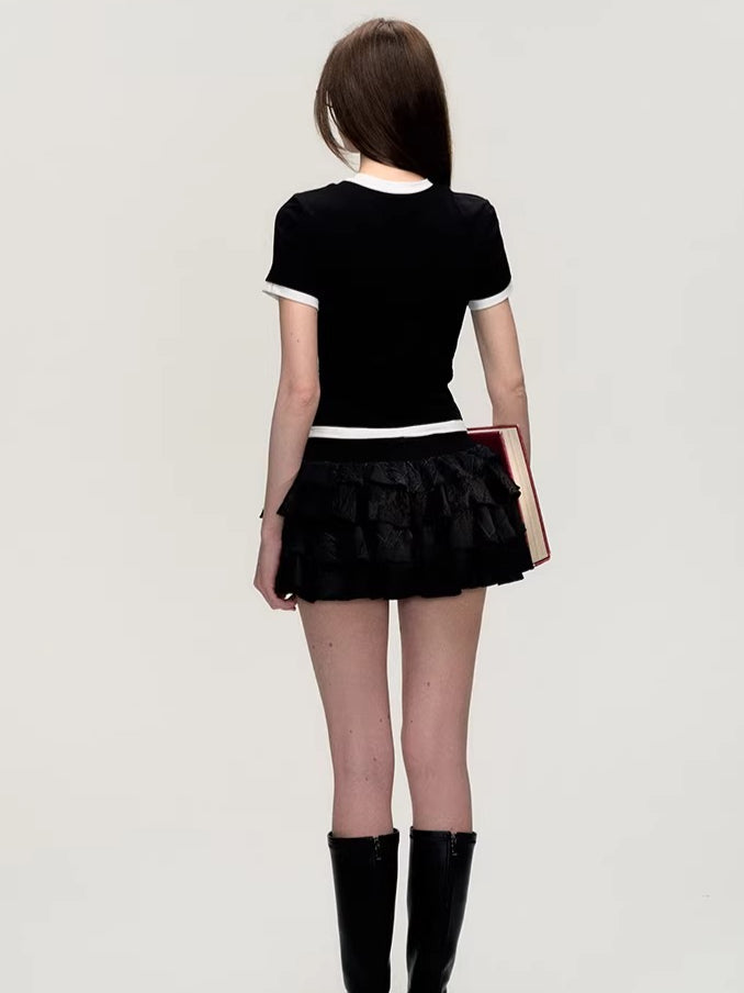 Embroidered Tiered Puff Mini Skirt