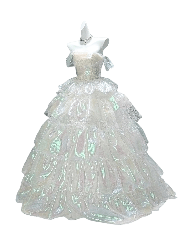Iridescent Fructose-Sheen Tiered Couture Gown