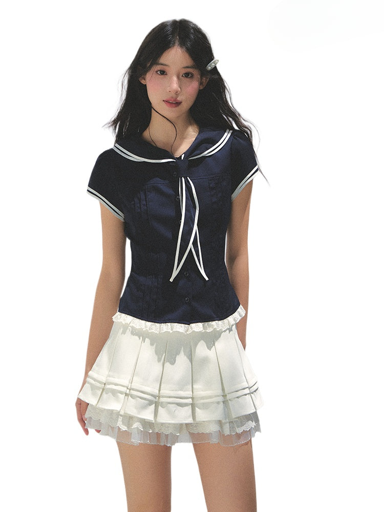 Navy Blue Naval Collar Waist - cinching Shirt - CHINASQUAD