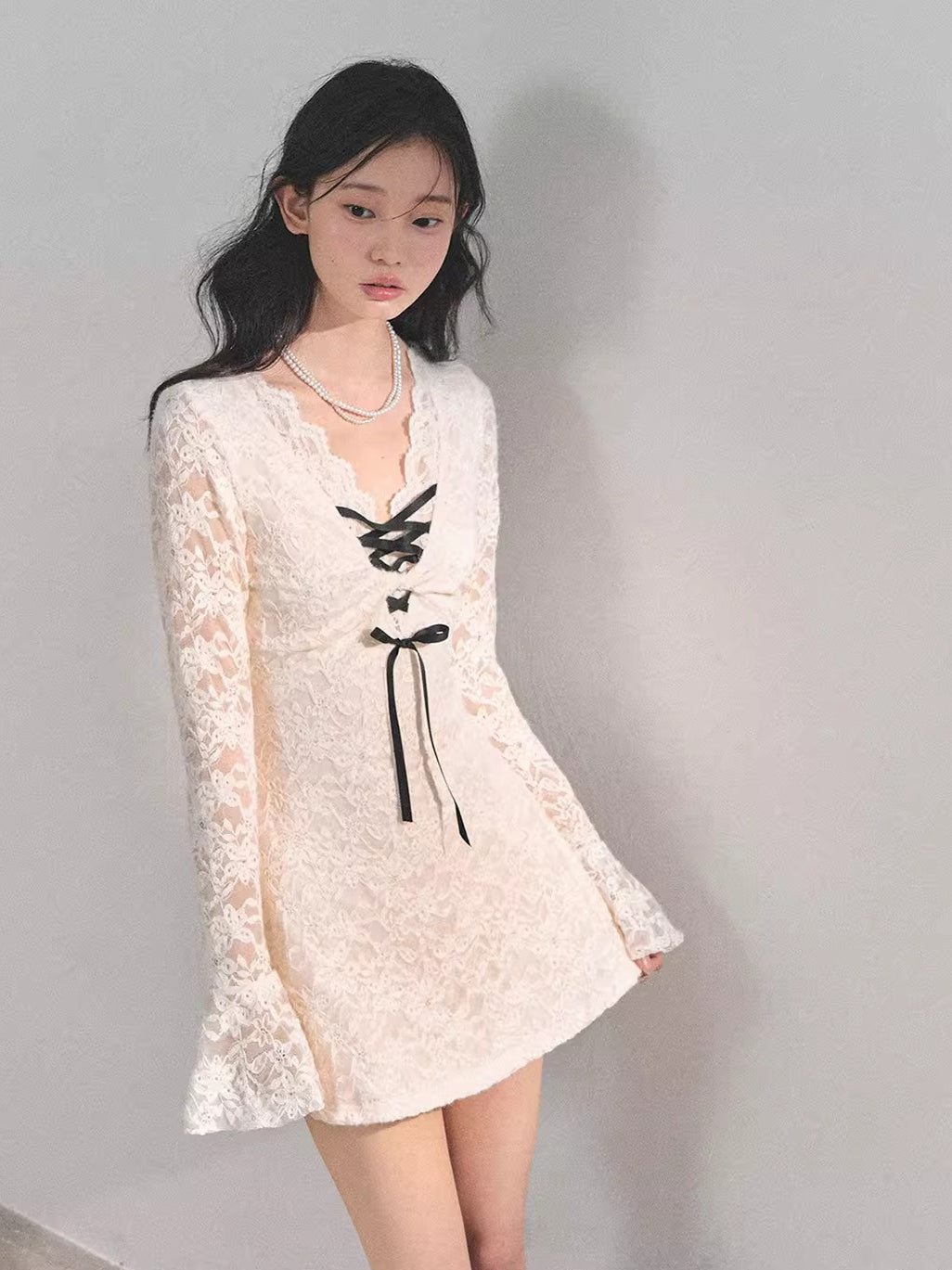 Lace Puff-Skirt V-Neck Mini Dress