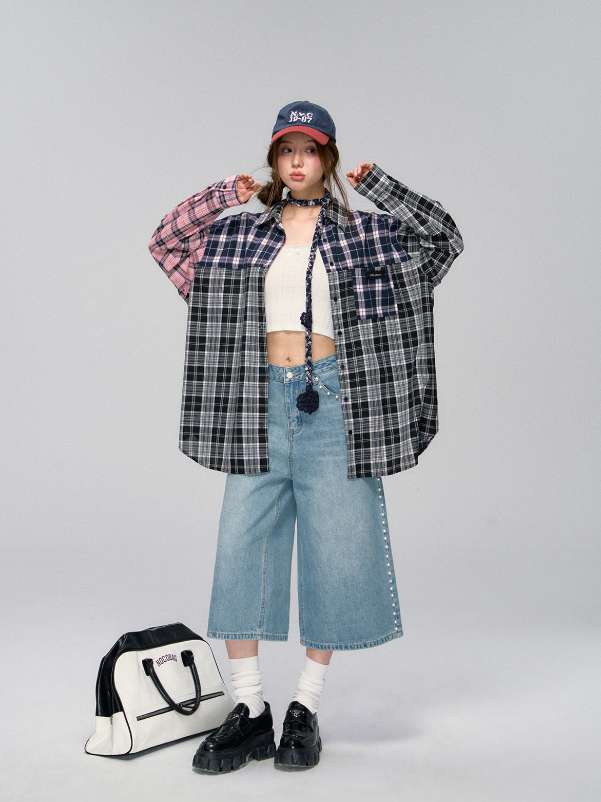 Black Patchwork Plaid Shirt - CHINASQUAD