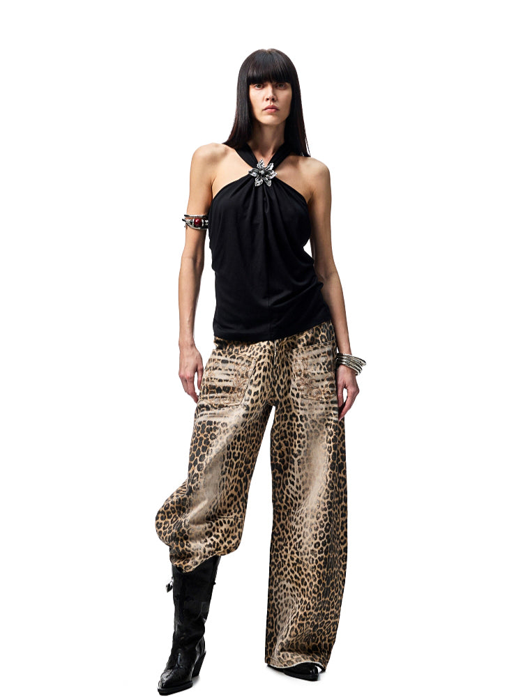 Washed Leopard Print Canvas Curved Pants - CHINASQUAD