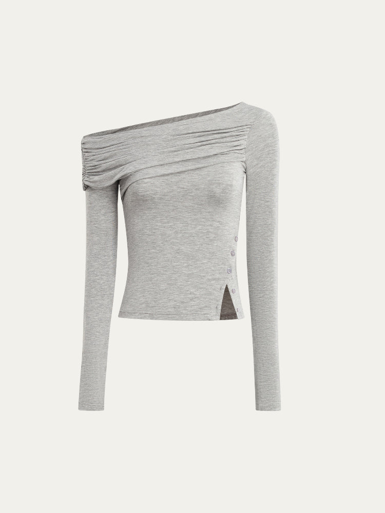 Asymmetric Shoulder Voluminous Ruched T-Shirt - CHINASQUAD