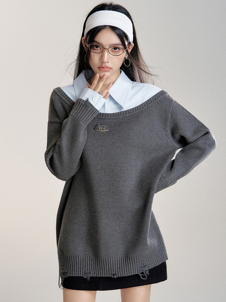 Shirt-Panel Asymmetric Knit Sweater - CHINASQUAD